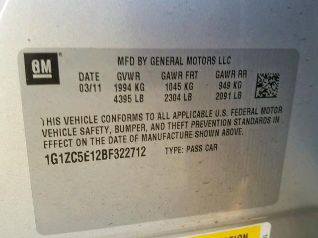 1G1ZC5E12BF322712 - 2011 CHEVROLET MALIBU 1LT 银色 照片 10