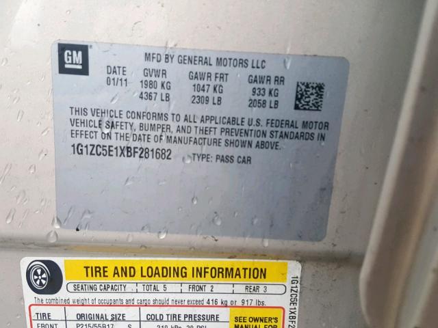 1G1ZC5E1XBF281682 - 2011 CHEVROLET MALIBU 1LT ოქროსფერი ფოტო 10