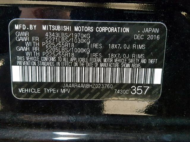 JA4AR4AW8HZ023760 - 2017 MITSUBISHI OUTLANDER BLACK photo 10