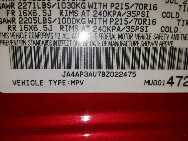 JA4AP3AU7BZ022475 - 2011 MITSUBISHI OUTLANDER RED photo 10