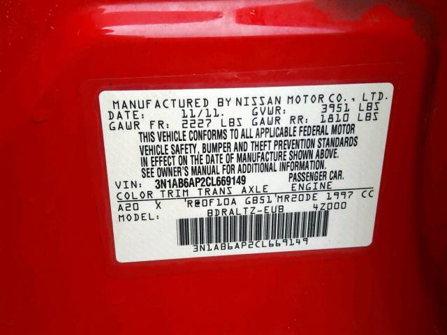 3N1AB6AP2CL669149 - 2012 NISSAN SENTRA 2.0 RED photo 10