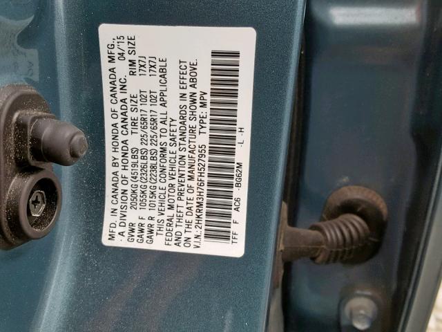 2HKRM3H76FH527955 - 2015 HONDA CR-V EXL BLUE photo 10