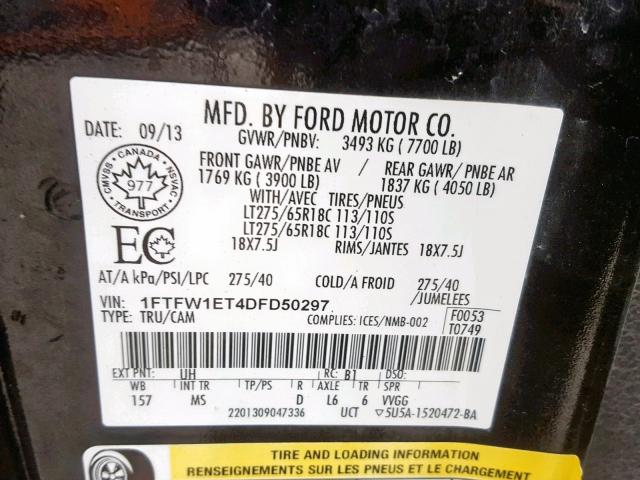 1FTFW1ET4DFD50297 - 2013 FORD F150 SUPER BLACK photo 10