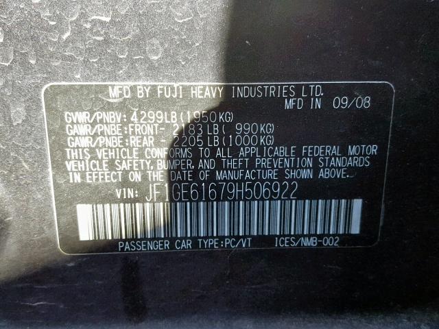 JF1GE61679H506922 - 2009 SUBARU IMPREZA 2. GRAY photo 10