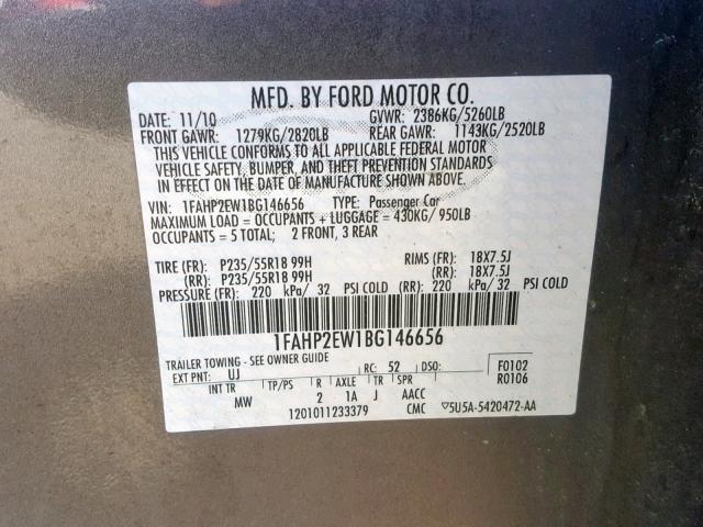 1FAHP2EW1BG146656 - 2011 FORD TAURUS SEL GRAY photo 10