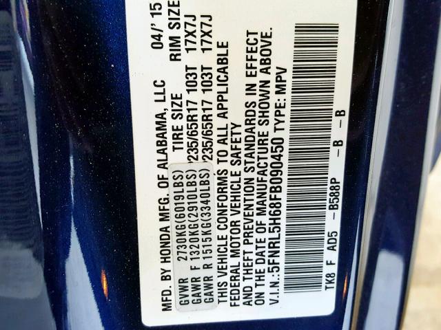 5FNRL5H68FB090450 - 2015 HONDA ODYSSEY EX BLUE photo 10