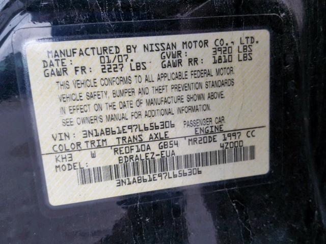 3N1AB61E97L656306 - 2007 NISSAN SENTRA 2.0 BLACK photo 10