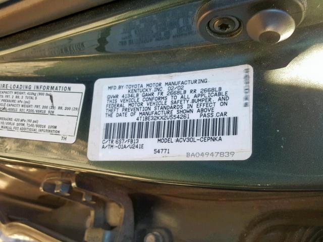 4T1BE32KX2U554261 - 2002 TOYOTA CAMRY LE Mavi foto 10