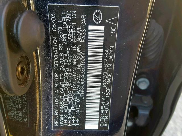 JTHBF30GX36018088 - 2003 LEXUS ES 300 BLUE photo 10