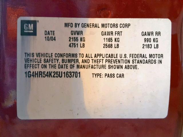 1G4HR54K25U163701 - 2005 BUICK LESABRE LI RED photo 10