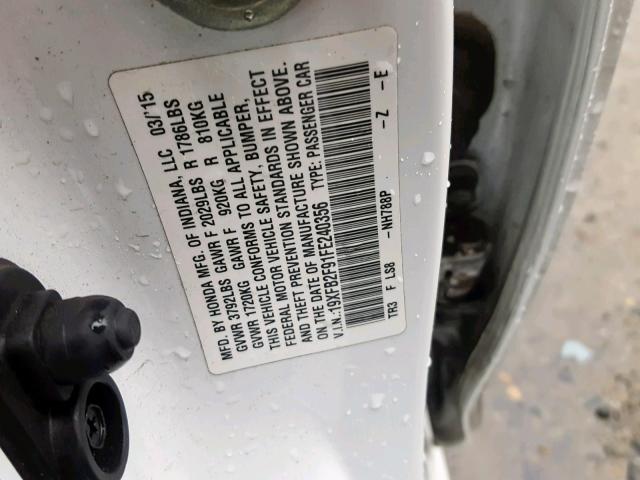 19XFB2F91FE240356 - 2015 HONDA CIVIC EXL WHITE photo 10