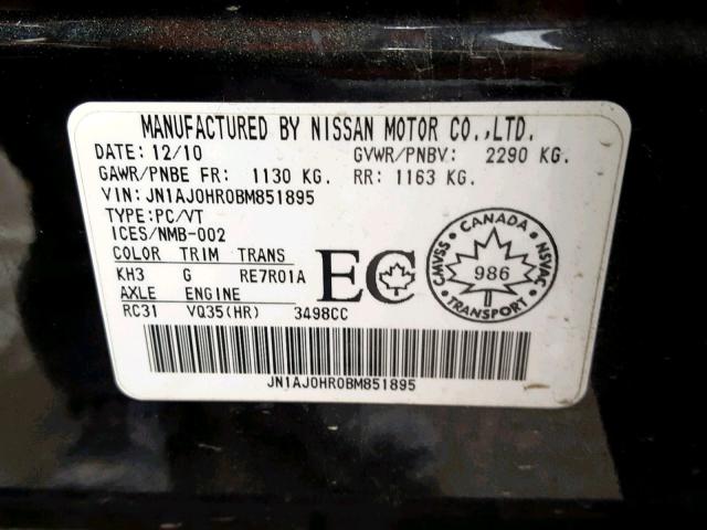 JN1AJ0HR0BM851895 - 2011 INFINITI EX35 BASE BLACK photo 10