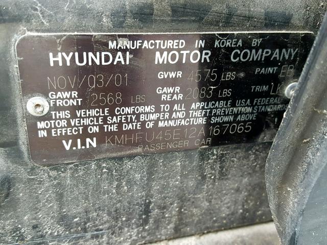 KMHFU45E12A167065 - 2002 HYUNDAI XG 350 BLACK photo 10