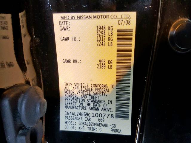 1N4AL24E69C100778 - 2009 NISSAN ALTIMA 2.5 BLACK photo 10