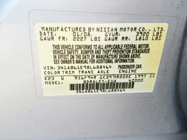 3N1AB61E98L688464 - 2008 NISSAN SENTRA 2.0 SILVER photo 10