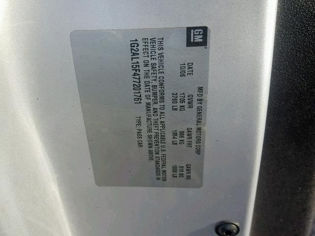 1G2AL15F477201761 - 2007 PONTIAC G5 SILVER photo 10