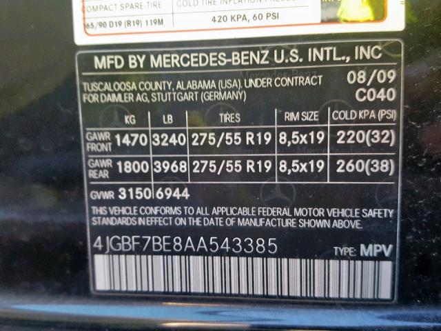 4JGBF7BE8AA543385 - 2010 MERCEDES-BENZ GL 450 4MA BLACK photo 10