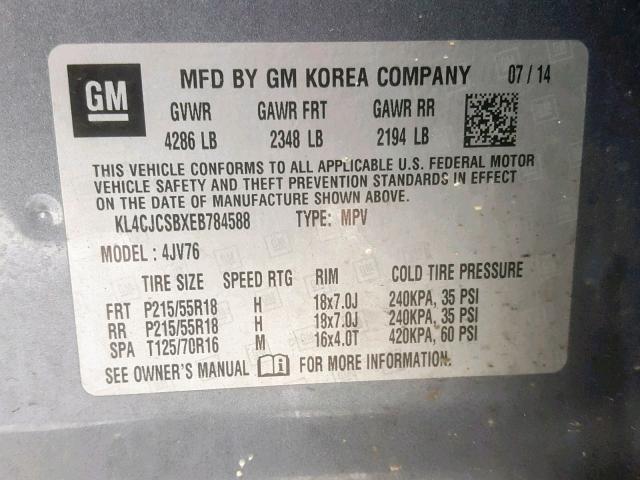 KL4CJCSBXEB784588 - 2014 BUICK ENCORE GRAY photo 10