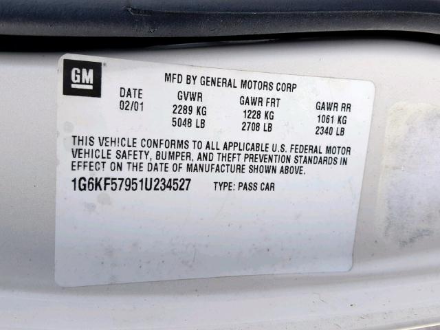 1G6KF57951U234527 - 2001 CADILLAC DEVILLE DT WHITE photo 10