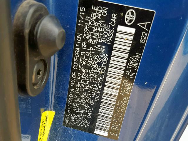 JTKJF5C70GJ020089 - 2016 TOYOTA SCION TC BLUE photo 10