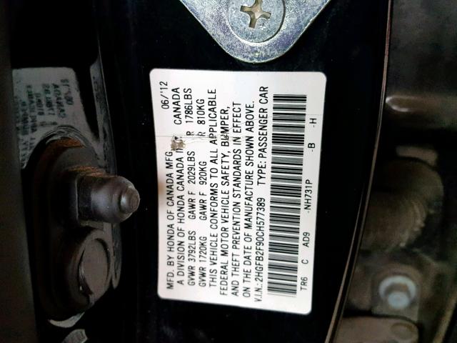 2HGFB2F90CH577389 - 2012 HONDA CIVIC EXL BLACK photo 10