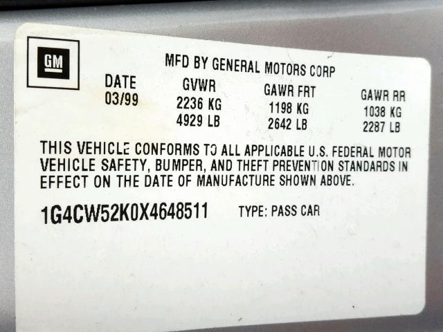 1G4CW52K0X4648511 - 1999 BUICK PARK AVENU SILVER photo 10