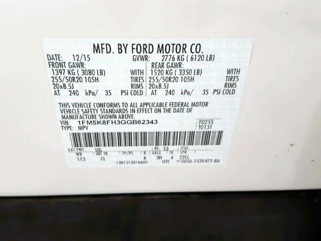 1FM5K8FH3GGB62343 - 2016 FORD EXPLORER L WHITE photo 10