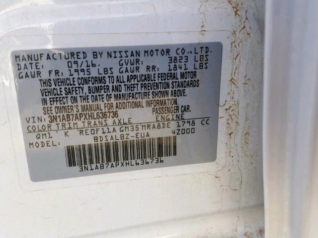 3N1AB7APXHL636736 - 2017 NISSAN SENTRA S WHITE photo 10