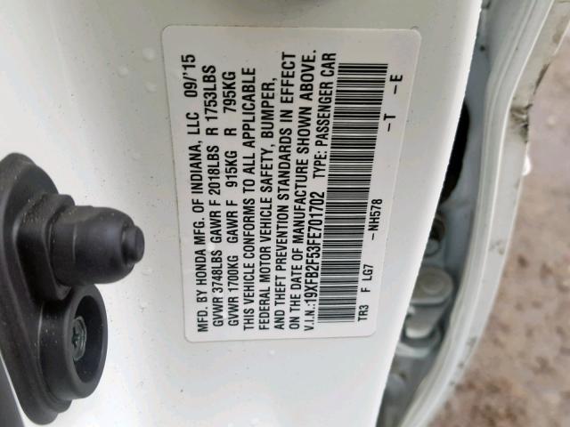 19XFB2F53FE701702 - 2015 HONDA CIVIC LX WHITE photo 10