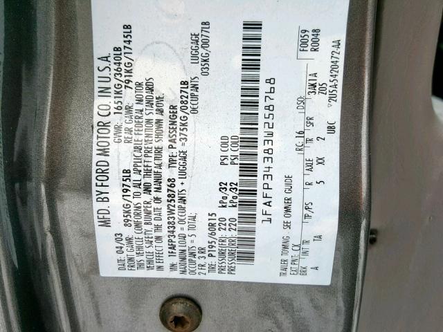 1FAFP34383W258768 - 2003 FORD FOCUS SE C GRAY photo 10