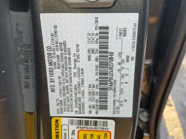 3FA6P0LU5JR270840 - 2018 FORD FUSION SE GRAY photo 10