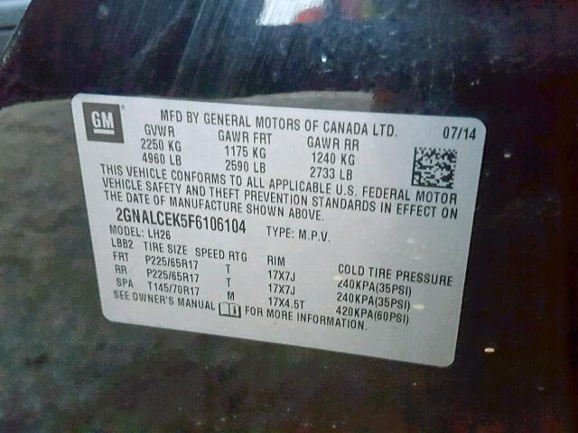 2GNALCEK5F6106104 - 2015 CHEVROLET EQUINOX LT BLACK photo 10