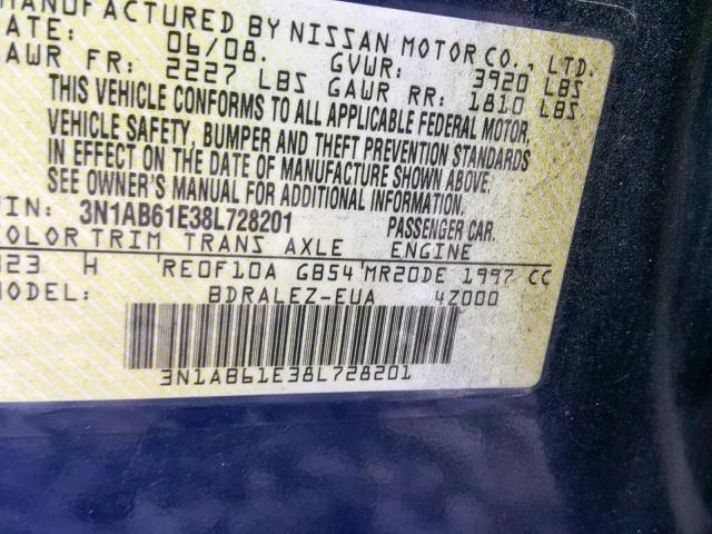 3N1AB61E38L728201 - 2008 NISSAN SENTRA 2.0 BLUE photo 10