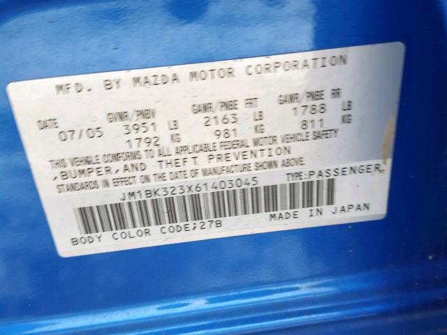 JM1BK323X61403045 - 2006 MAZDA 3 S BLUE photo 10