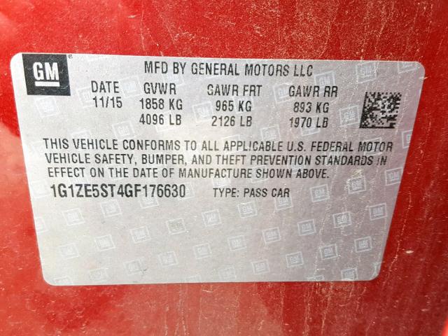 1G1ZE5ST4GF176630 - 2016 CHEVROLET MALIBU LT RED photo 10