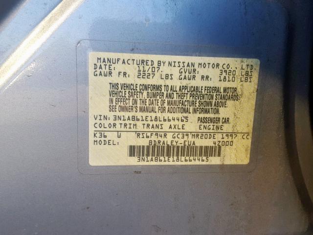 3N1AB61E18L664465 - 2008 NISSAN SENTRA 2.0 GRAY photo 10