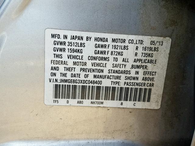 JHMGE8G3XDC048400 - 2013 HONDA FIT SILVER photo 10