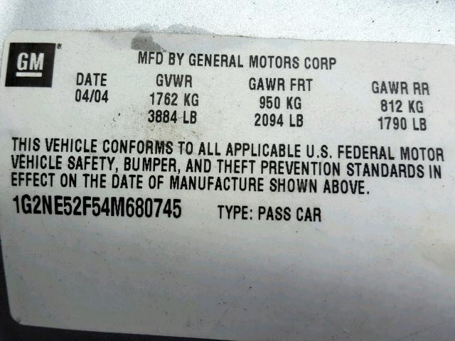 1G2NE52F54M680745 - 2004 PONTIAC GRAND AM S 银色 照片 10