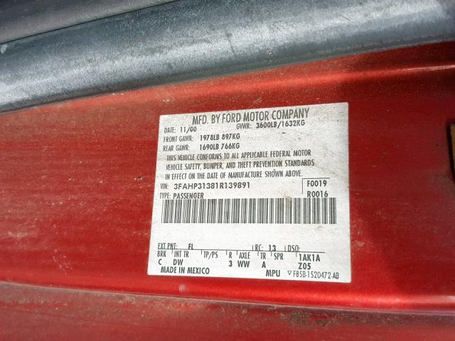 3FAHP31381R139891 - 2001 FORD FOCUS ZX3 RED photo 10