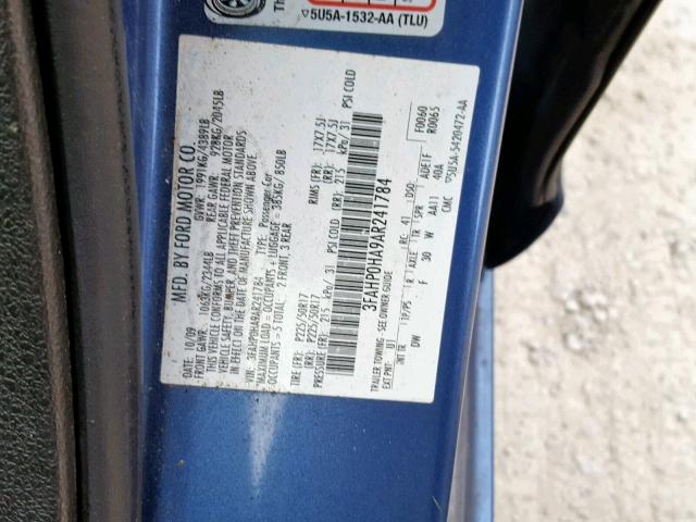 3FAHP0HA9AR241784 - 2010 FORD FUSION SE BLUE photo 10