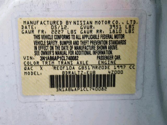 3N1AB6AP1CL740082 - 2012 NISSAN SENTRA 2.0 WHITE photo 10