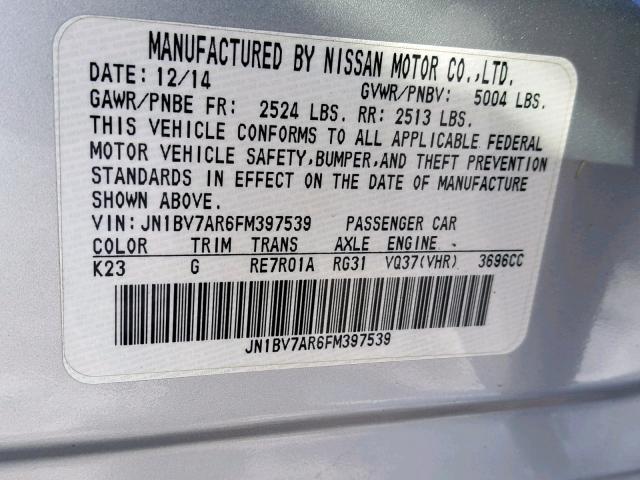 JN1BV7AR6FM397539 - 2015 INFINITI Q50 BASE SILVER photo 10