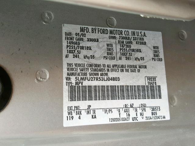 5LMFU27R53LJ04803 - 2003 LINCOLN NAVIGATOR 银色 照片 10