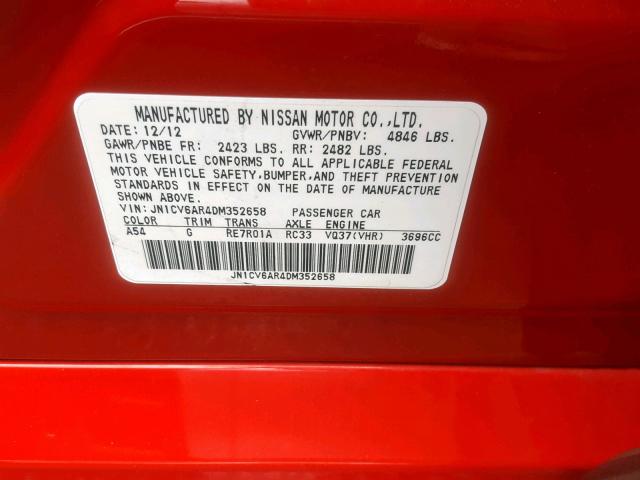 JN1CV6AR4DM352658 - 2013 INFINITI G37 RED photo 10