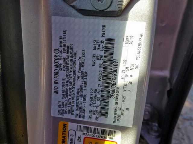 3FA6P0G7XFR301091 - 2015 FORD FUSION S GRAY photo 10