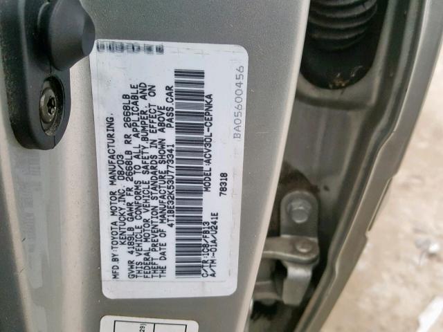 4T1BE32K53U773341 - 2003 TOYOTA CAMRY LE SILVER photo 10