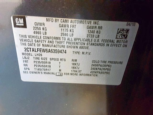 2CTALFEW6A6359474 - 2010 GMC TERRAIN SL GRAY photo 10