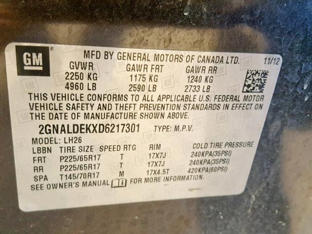 2GNALDEKXD6217301 - 2013 CHEVROLET EQUINOX LT CHARCOAL photo 10