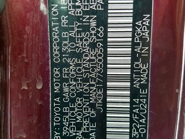 JTKDE177350059166 - 2005 TOYOTA SCION TC Bordo foto 10