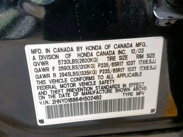 2HNYD18864H502482 - 2004 ACURA MDX TOURIN BLACK photo 10